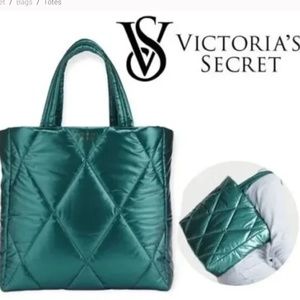 NWT VICTORIA'S SECRET QUILTED LARGE PUFFER TOTE GORGEOUS TEAL BLUE SHINY